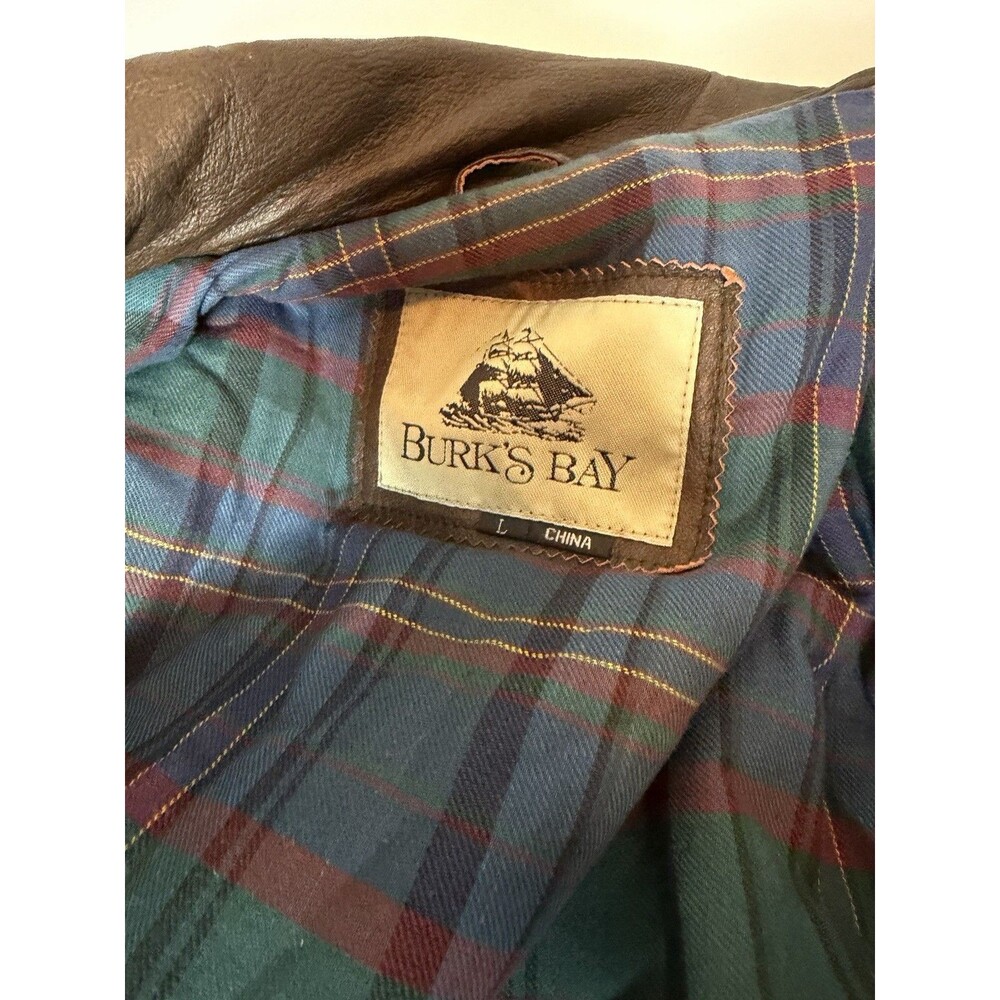 Burk’s Bay Brown Genuine Leather Jacket Plaid Lined Size L - Picture 9 of 16